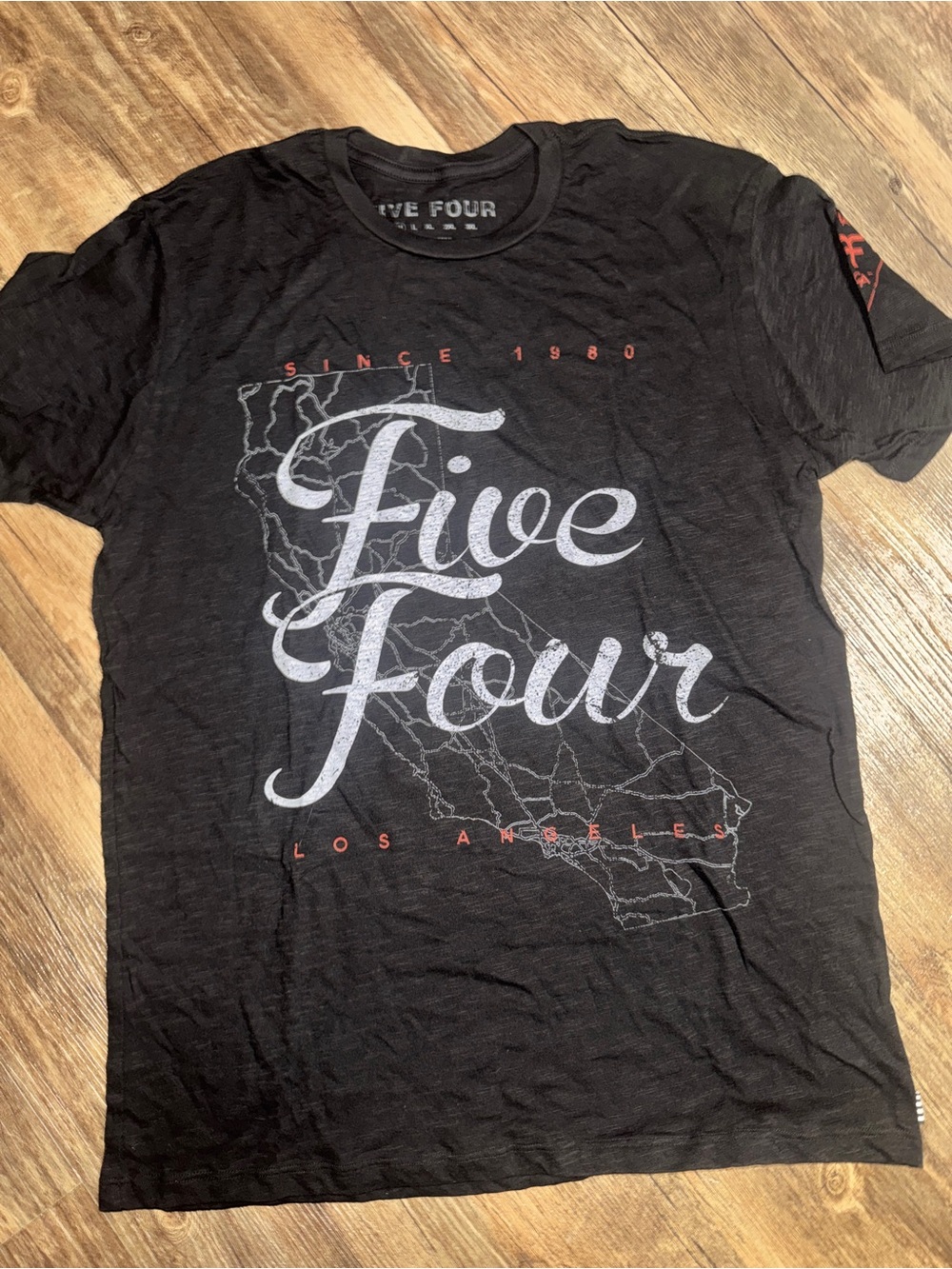 NWT Five Four Black Graphic Script Logo Tee with Subtle Red Accents